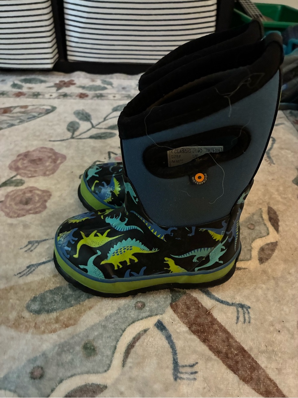 Bogs Kids Dino Rain Boots in Black, Blue, and Lime